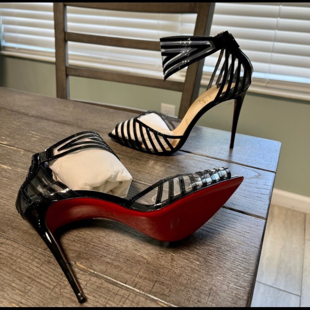 ISO Christian Louboutin black patent & pvc strappy heels sz 11 or 111/2